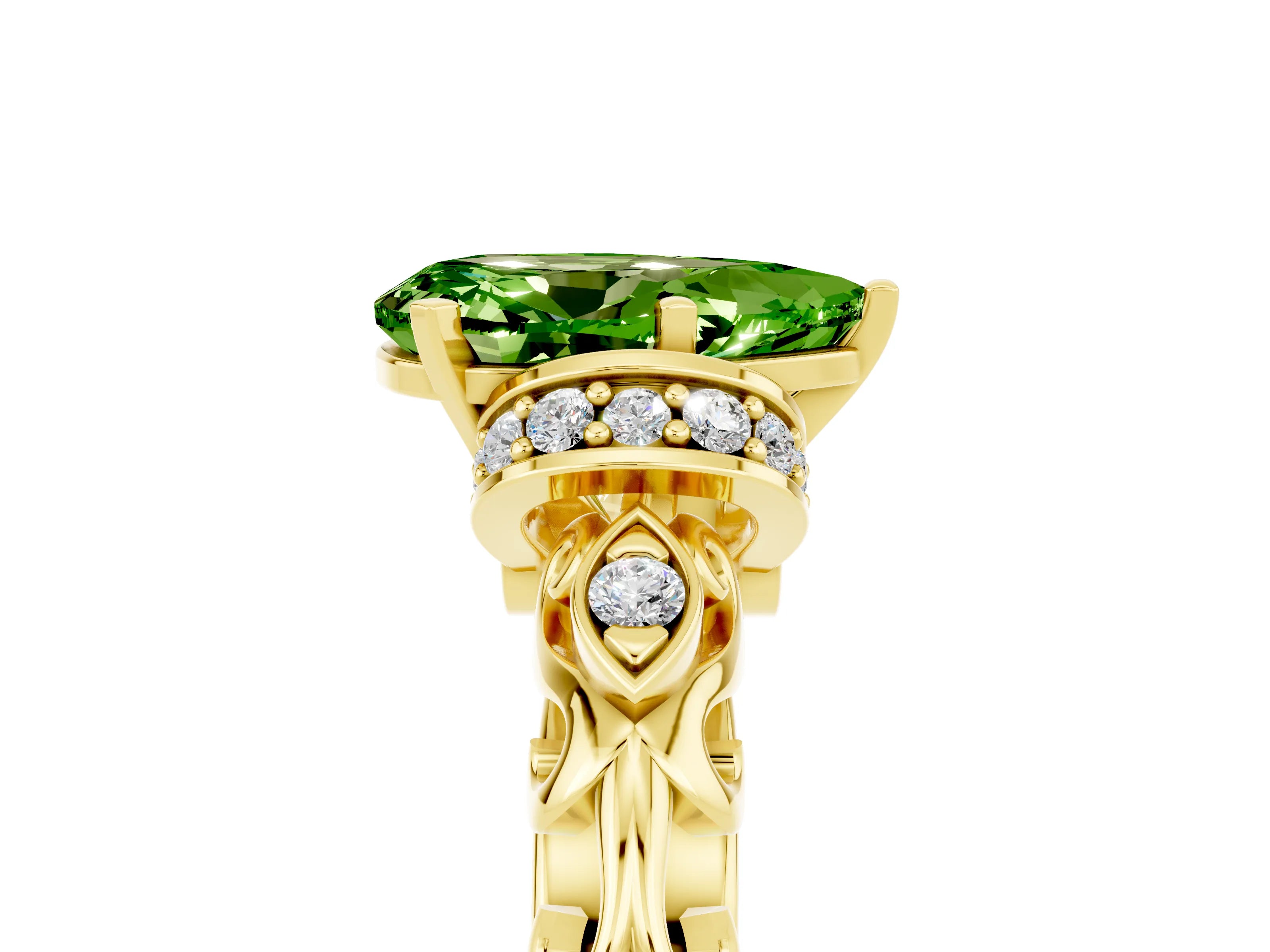 Yellow gold Pear Cut Peridot Solitaire Ring with Filigree Band and Four-Prong Setting_29