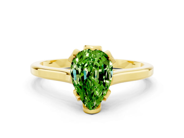 Yellow gold Pear Cut Peridot Solitaire Ring with Flower Prong Setting and Classic Band