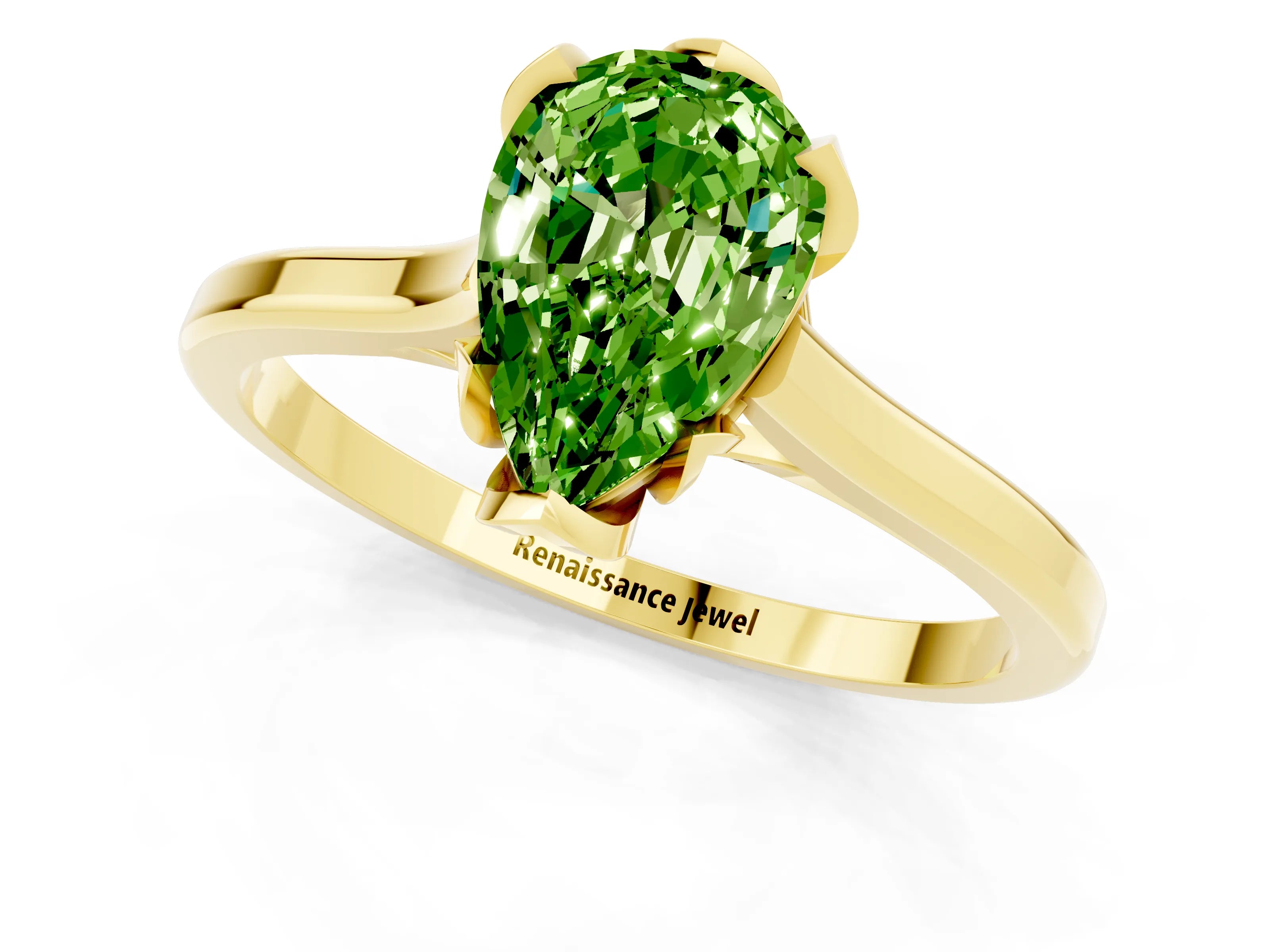 Yellow gold Pear Cut Peridot Solitaire Ring with Flower Prong Setting and Classic Band_13