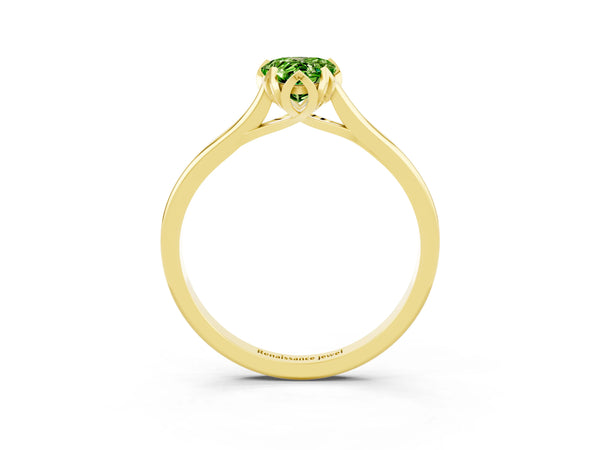 Yellow gold Pear Cut Peridot Solitaire Ring with Flower Prong Setting and Classic Band