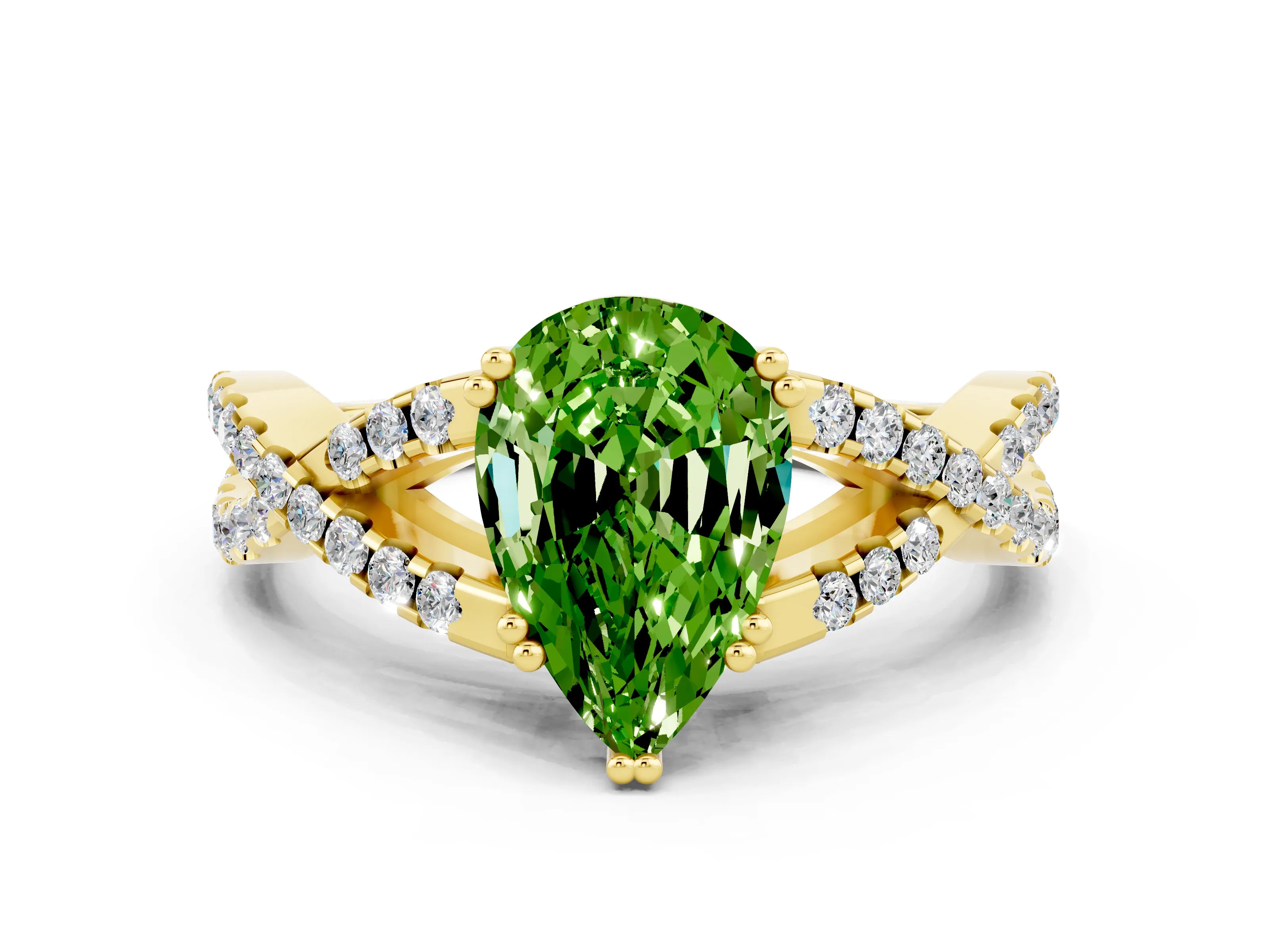 Yellow gold Pear Cut Peridot Solitaire Ring with Four-Prong Setting and Twisted Pavé Band