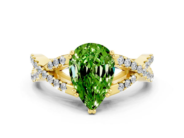 Yellow gold Pear Cut Peridot Solitaire Ring with Four-Prong Setting and Twisted Pavé Band