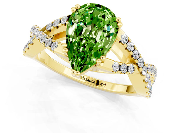 Yellow gold Pear Cut Peridot Solitaire Ring with Four-Prong Setting and Twisted Pavé Band