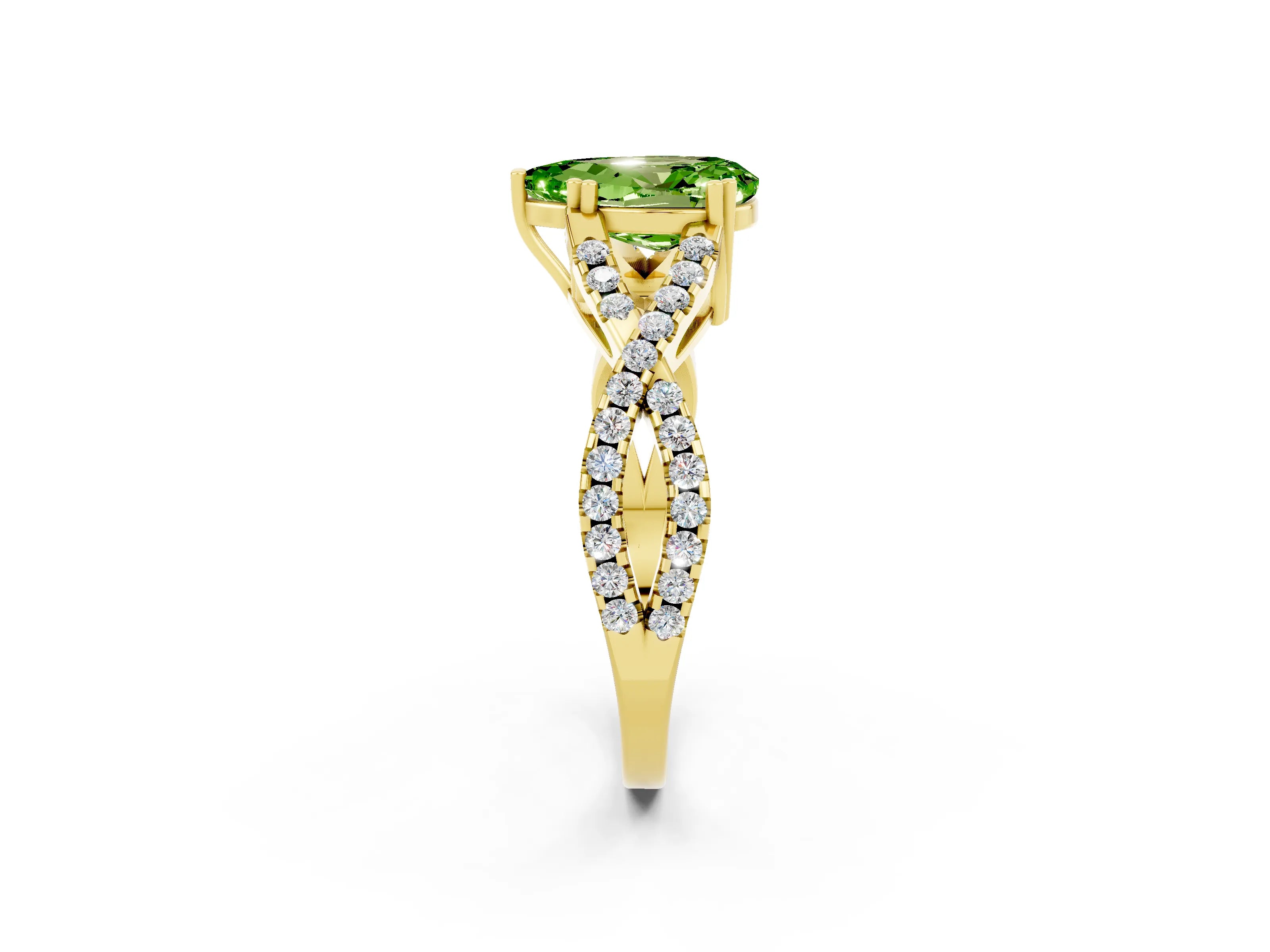 Yellow gold Pear Cut Peridot Solitaire Ring with Four-Prong Setting and Twisted Pavé Band_2