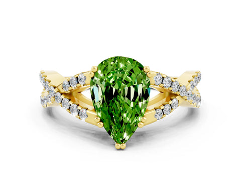 Yellow gold Pear Cut Peridot Solitaire Ring with Four-Prong Setting and Twisted Pavé Band