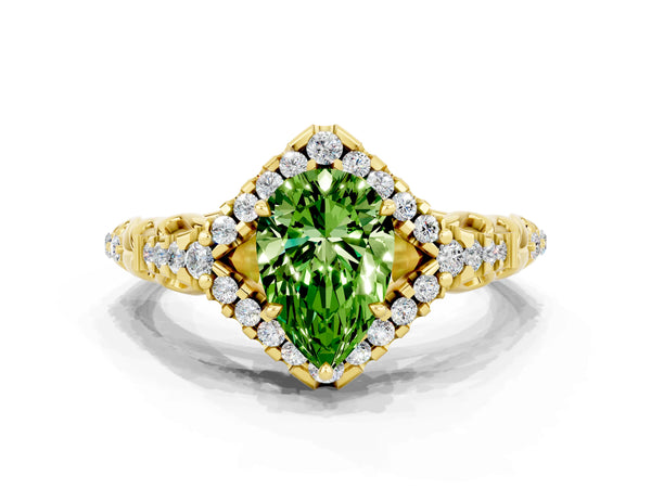 Yellow gold Pear Cut Peridot Solitaire Ring with Hidden Halo and Pavé Band