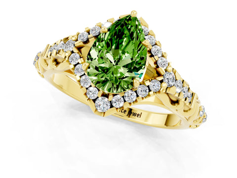 Yellow gold Pear Cut Peridot Solitaire Ring with Hidden Halo and Pavé Band_13