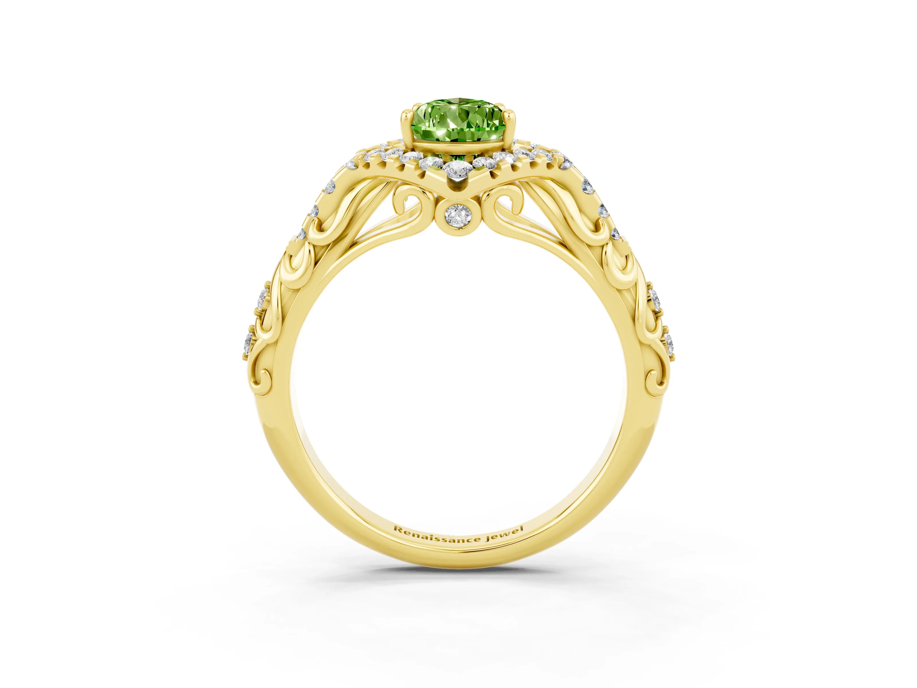 Yellow gold Pear Cut Peridot Solitaire Ring with Hidden Halo and Pavé Band_15