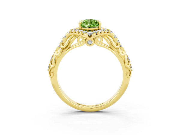 Yellow gold Pear Cut Peridot Solitaire Ring with Hidden Halo and Pavé Band