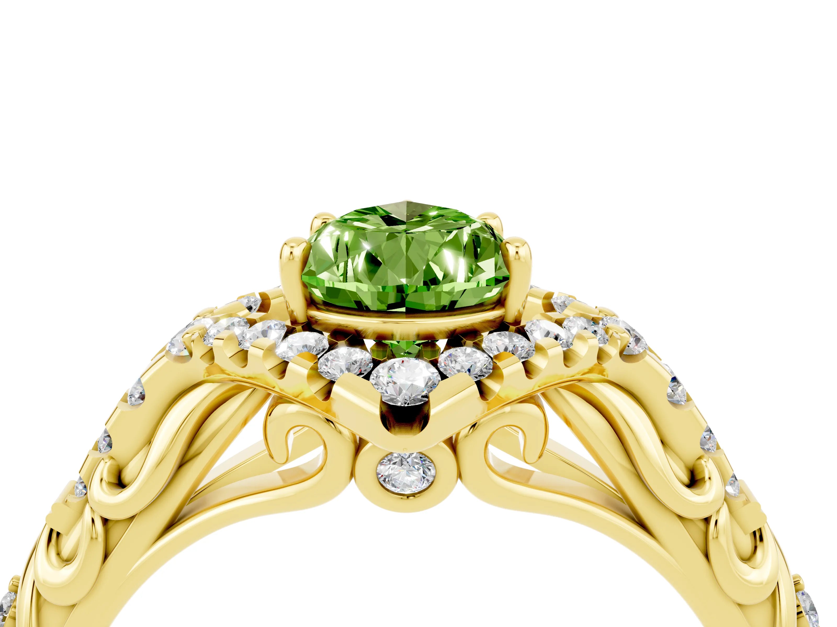 Yellow gold Pear Cut Peridot Solitaire Ring with Hidden Halo and Pavé Band_16