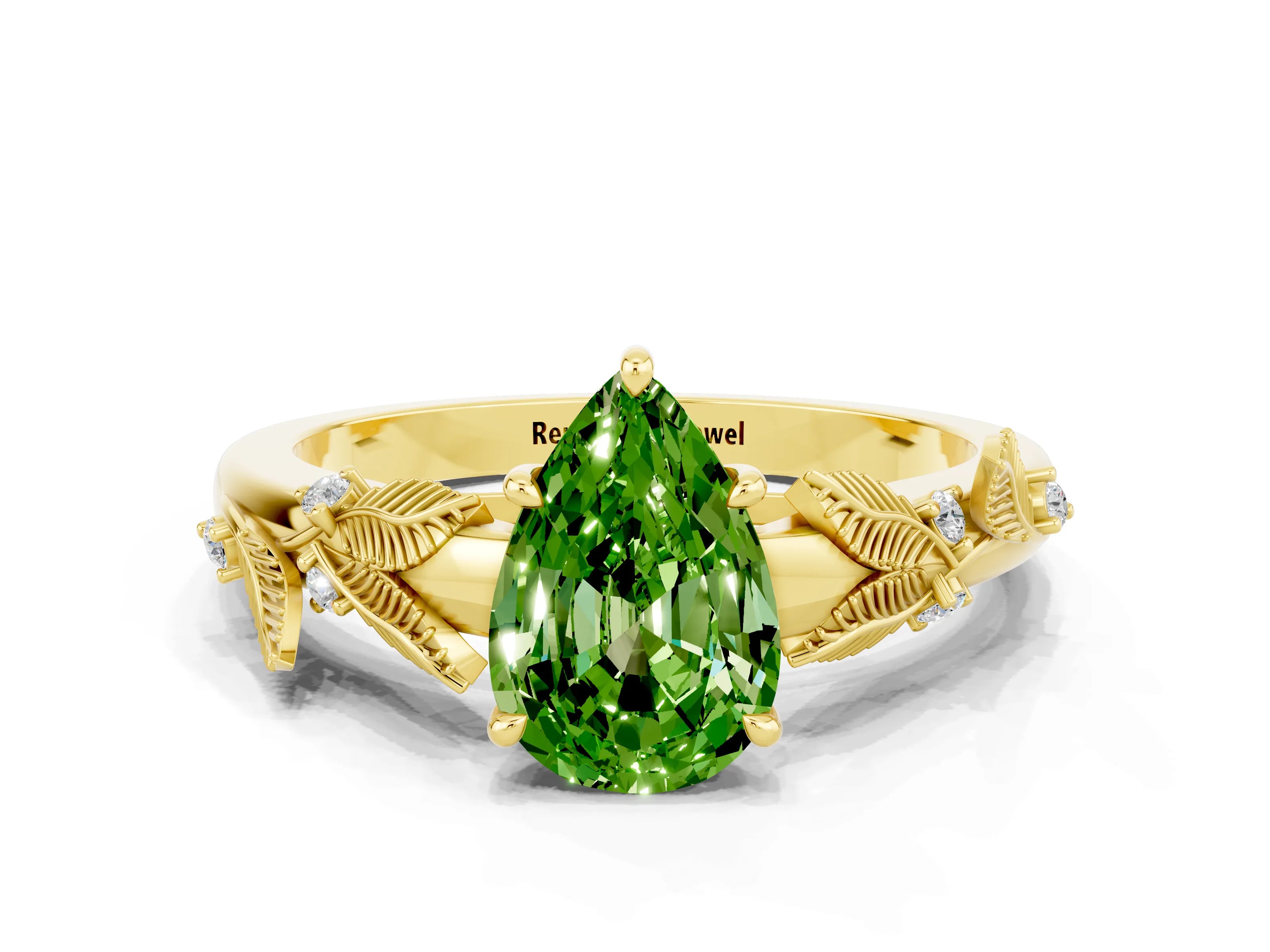 Yellow gold Pear Cut Peridot Solitaire Ring with Leaf Motif Band and Four-Prong Setting
