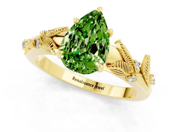 Yellow gold Pear Cut Peridot Solitaire Ring with Leaf Motif Band and Four-Prong Setting