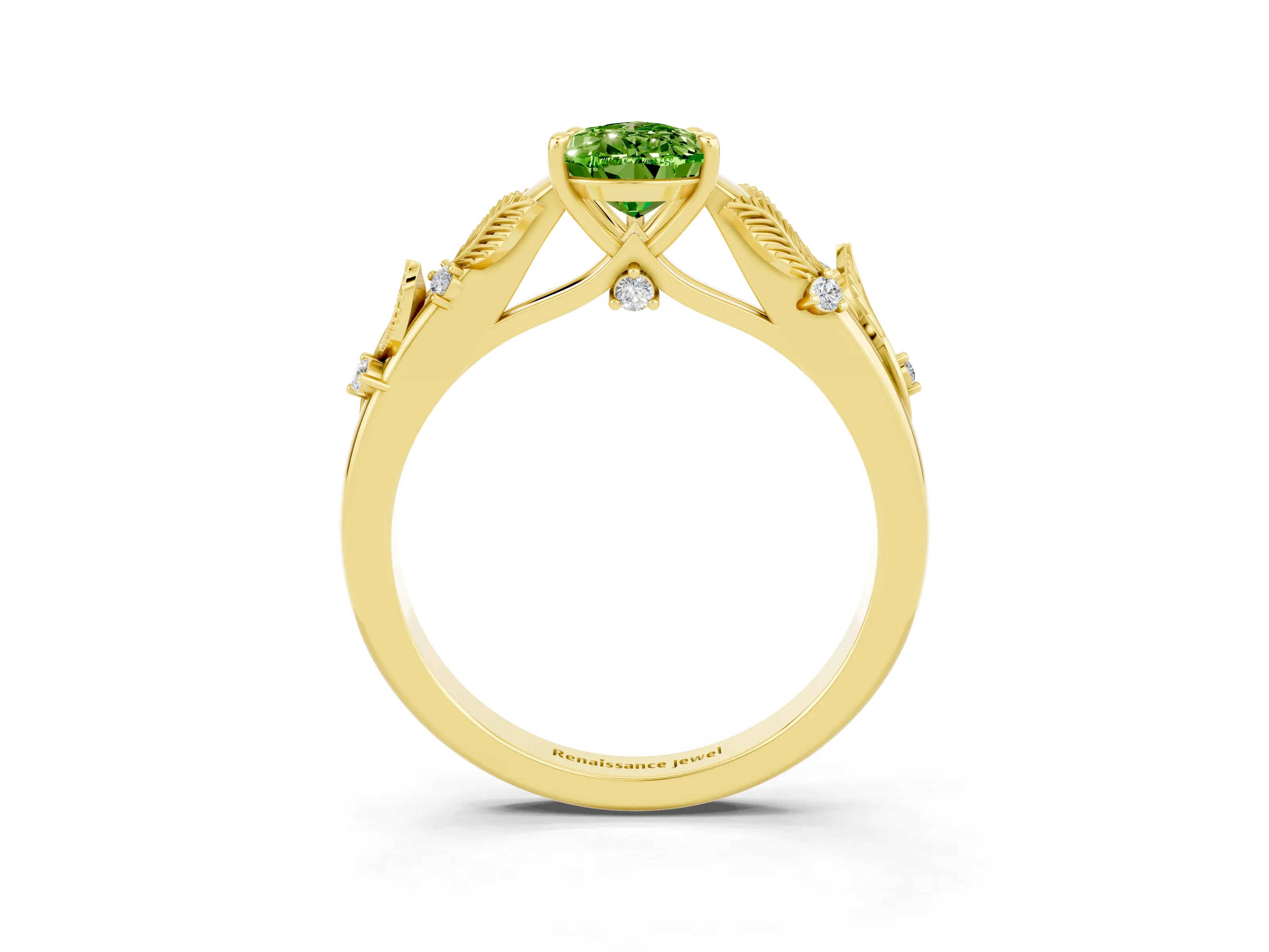 Yellow gold Pear Cut Peridot Solitaire Ring with Leaf Motif Band and Four-Prong Setting_3