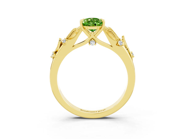 Yellow gold Pear Cut Peridot Solitaire Ring with Leaf Motif Band and Four-Prong Setting