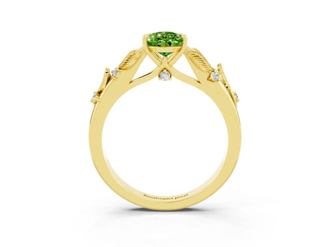 Yellow gold Pear Cut Peridot Solitaire Ring with Leaf Motif Band and Four-Prong Setting_3