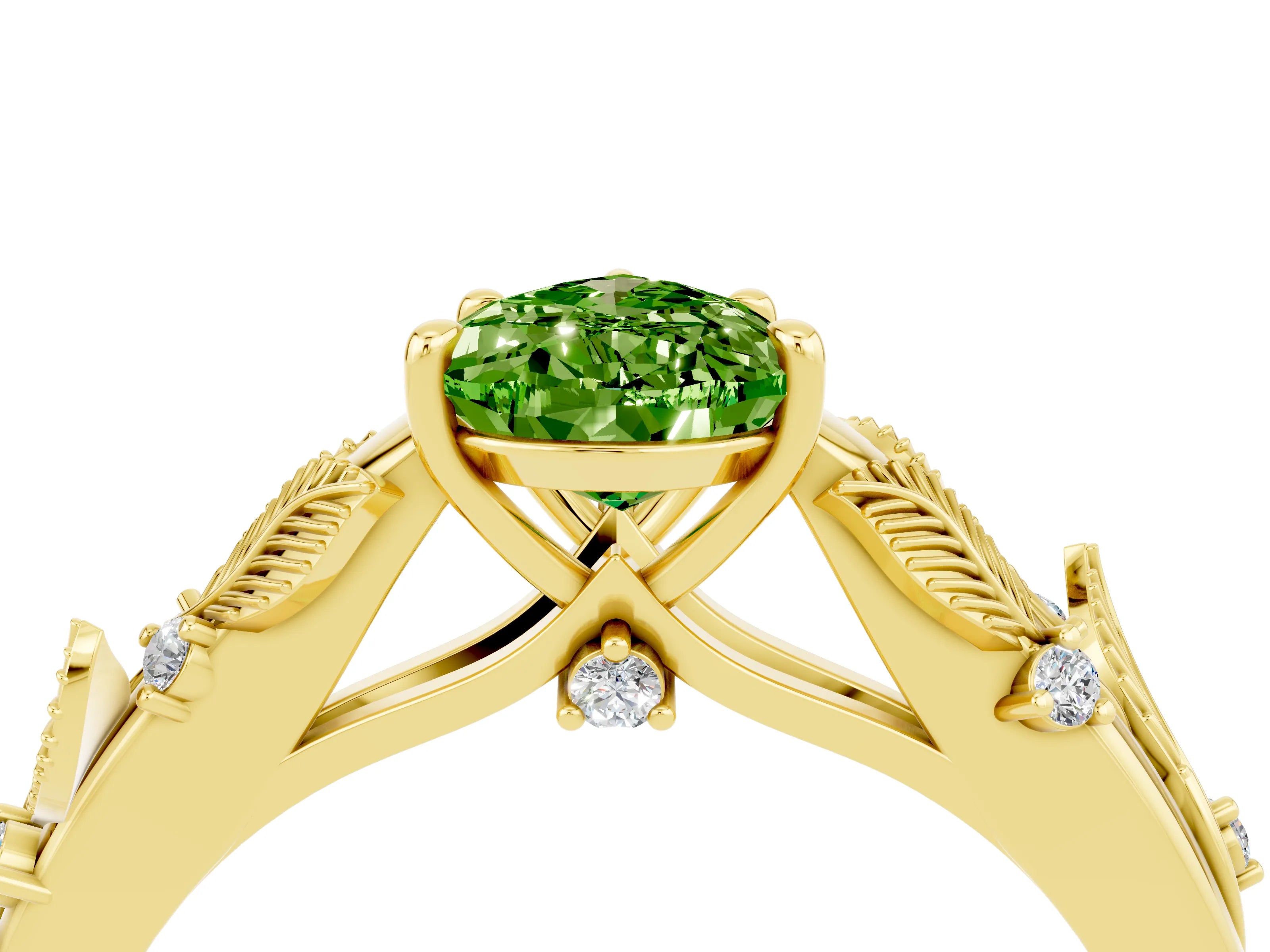 Yellow gold Pear Cut Peridot Solitaire Ring with Leaf Motif Band and Four-Prong Setting_4