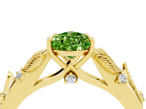Yellow gold Pear Cut Peridot Solitaire Ring with Leaf Motif Band and Four-Prong Setting_4