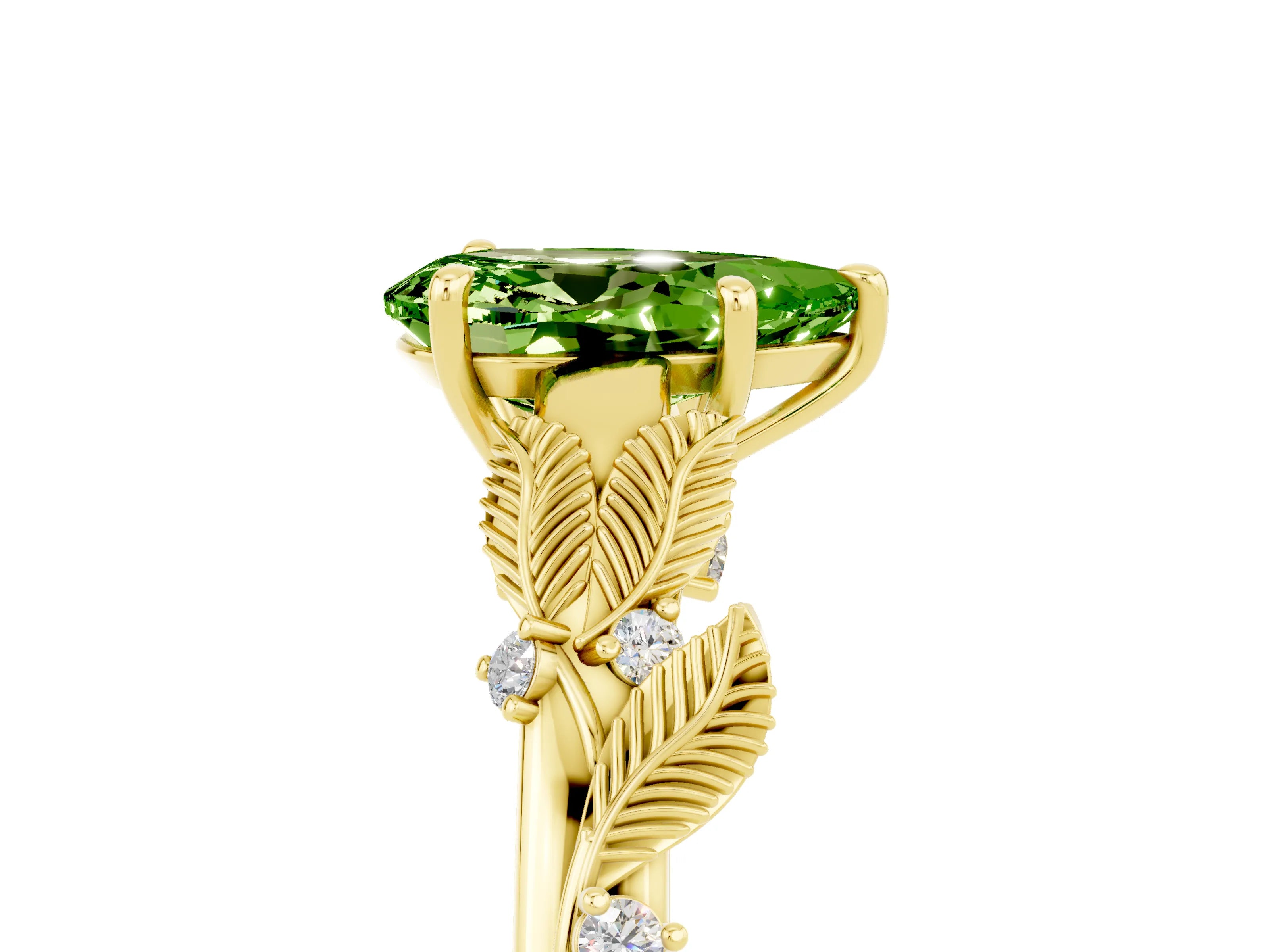 Yellow gold Pear Cut Peridot Solitaire Ring with Leaf Motif Band and Four-Prong Setting_5