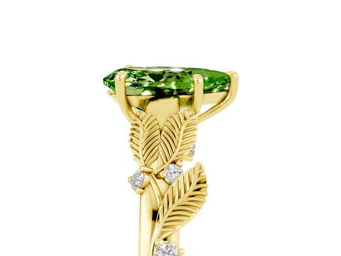 Yellow gold Pear Cut Peridot Solitaire Ring with Leaf Motif Band and Four-Prong Setting_5