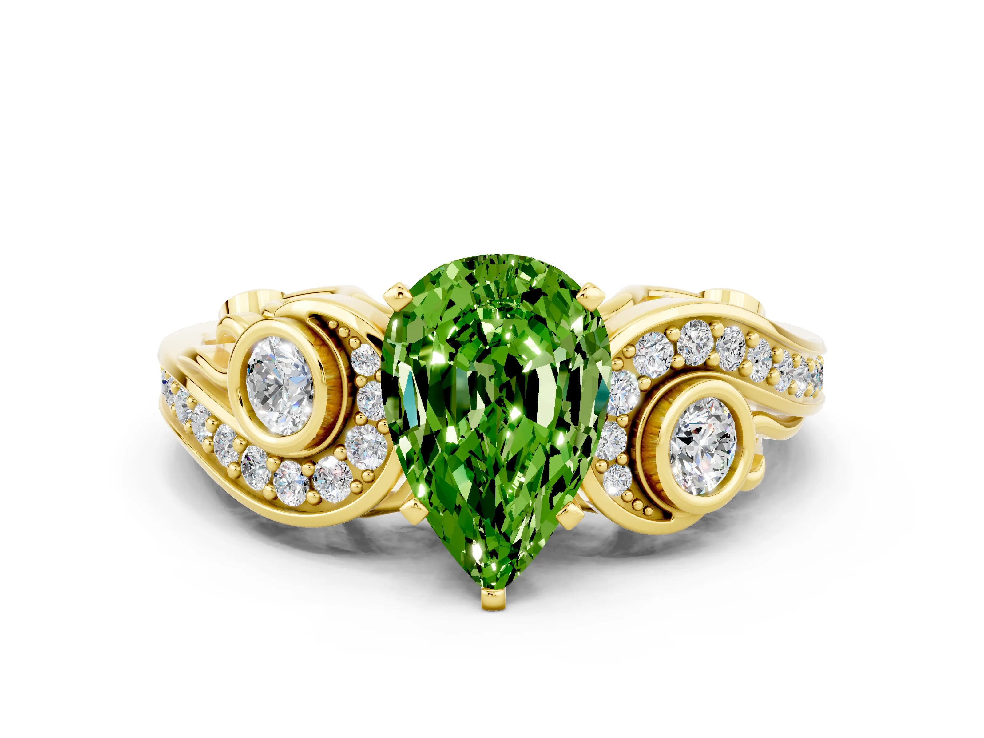 Yellow gold Pear Cut Peridot Solitaire Ring with Milgrain Pavé Band and Four-Prong Setting_24