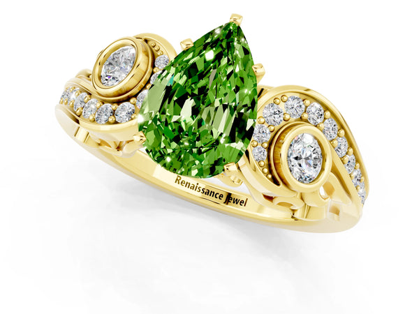 Yellow gold Pear Cut Peridot Solitaire Ring with Milgrain Pavé Band and Four-Prong Setting