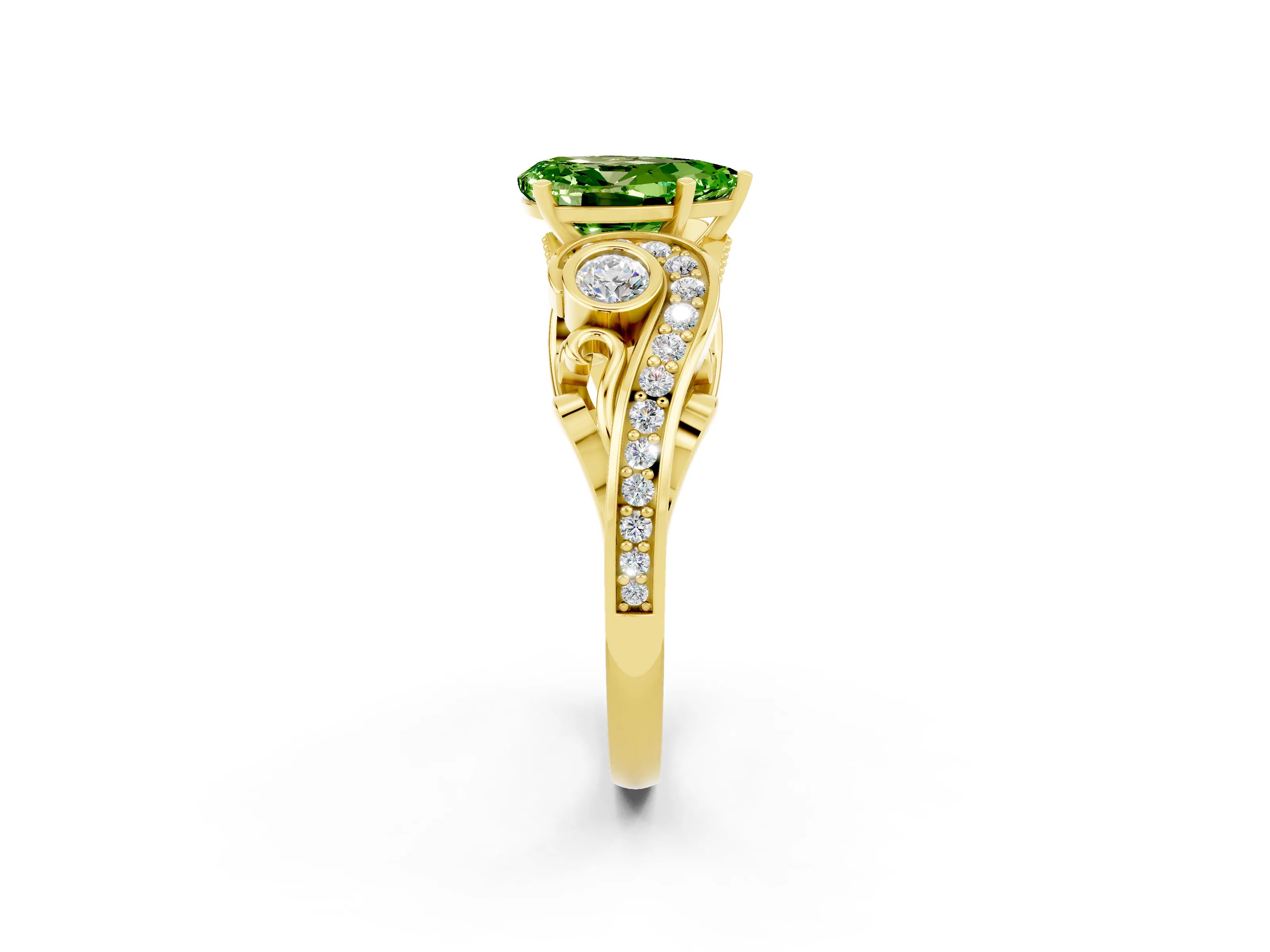 Yellow gold Pear Cut Peridot Solitaire Ring with Milgrain Pavé Band and Four-Prong Setting_26