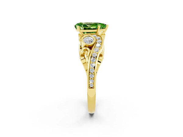 Yellow gold Pear Cut Peridot Solitaire Ring with Milgrain Pavé Band and Four-Prong Setting