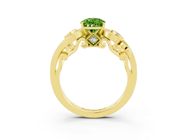 Yellow gold Pear Cut Peridot Solitaire Ring with Milgrain Pavé Band and Four-Prong Setting