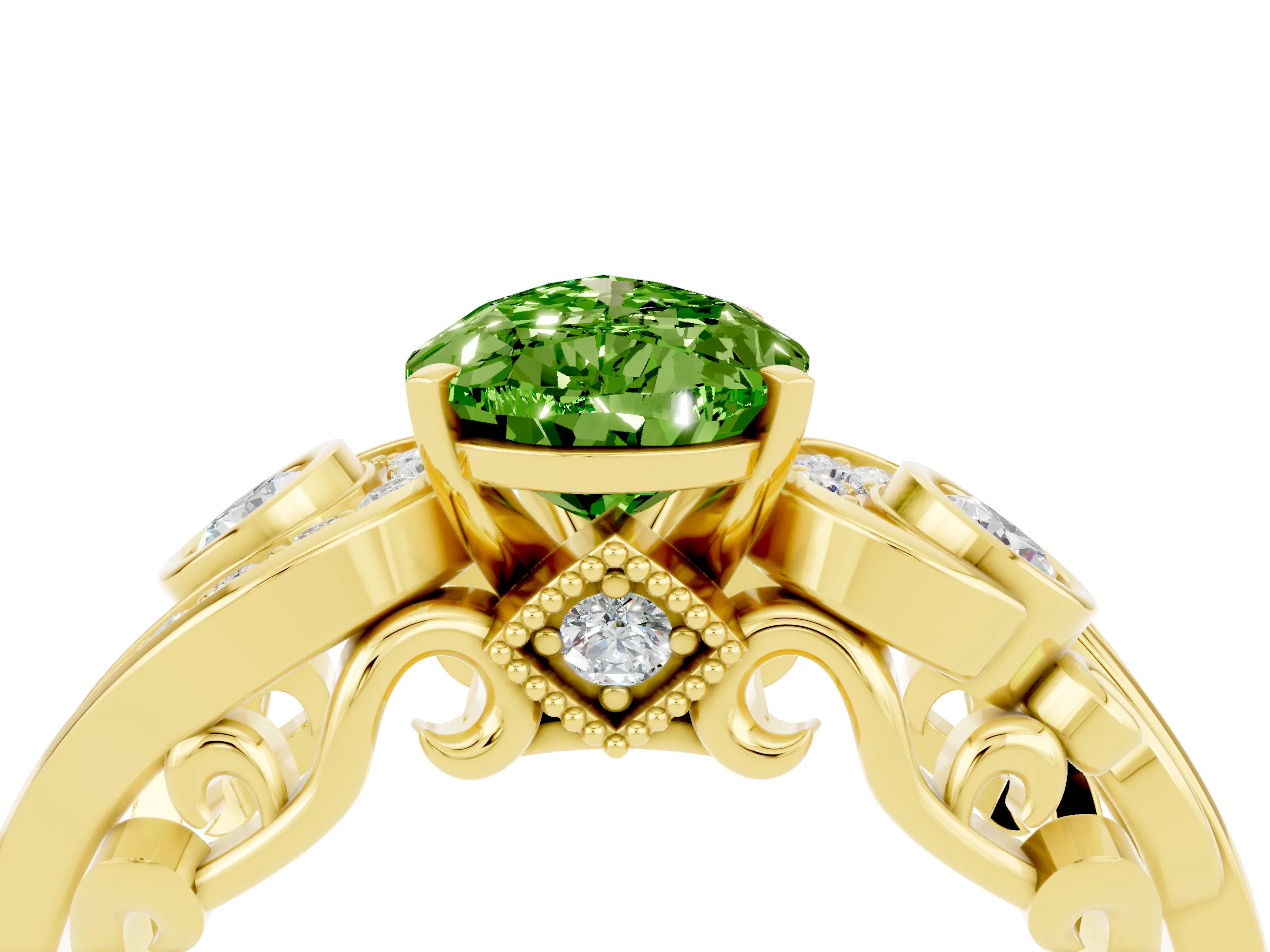 Yellow gold Pear Cut Peridot Solitaire Ring with Milgrain Pavé Band and Four-Prong Setting_28