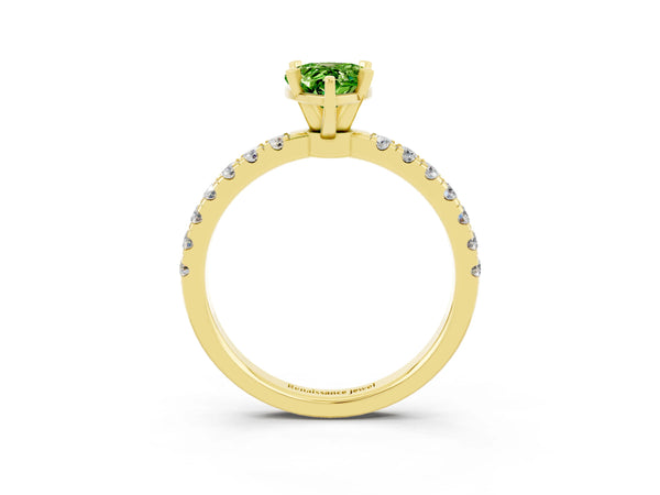 Yellow gold Pear Cut Peridot Solitaire Ring with Pavé Accents and Four-Prong Setting