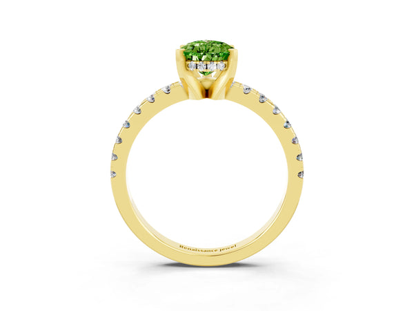 Yellow gold Pear Cut Peridot Solitaire Ring with Round  Pavé Band and Four-Prong Setting