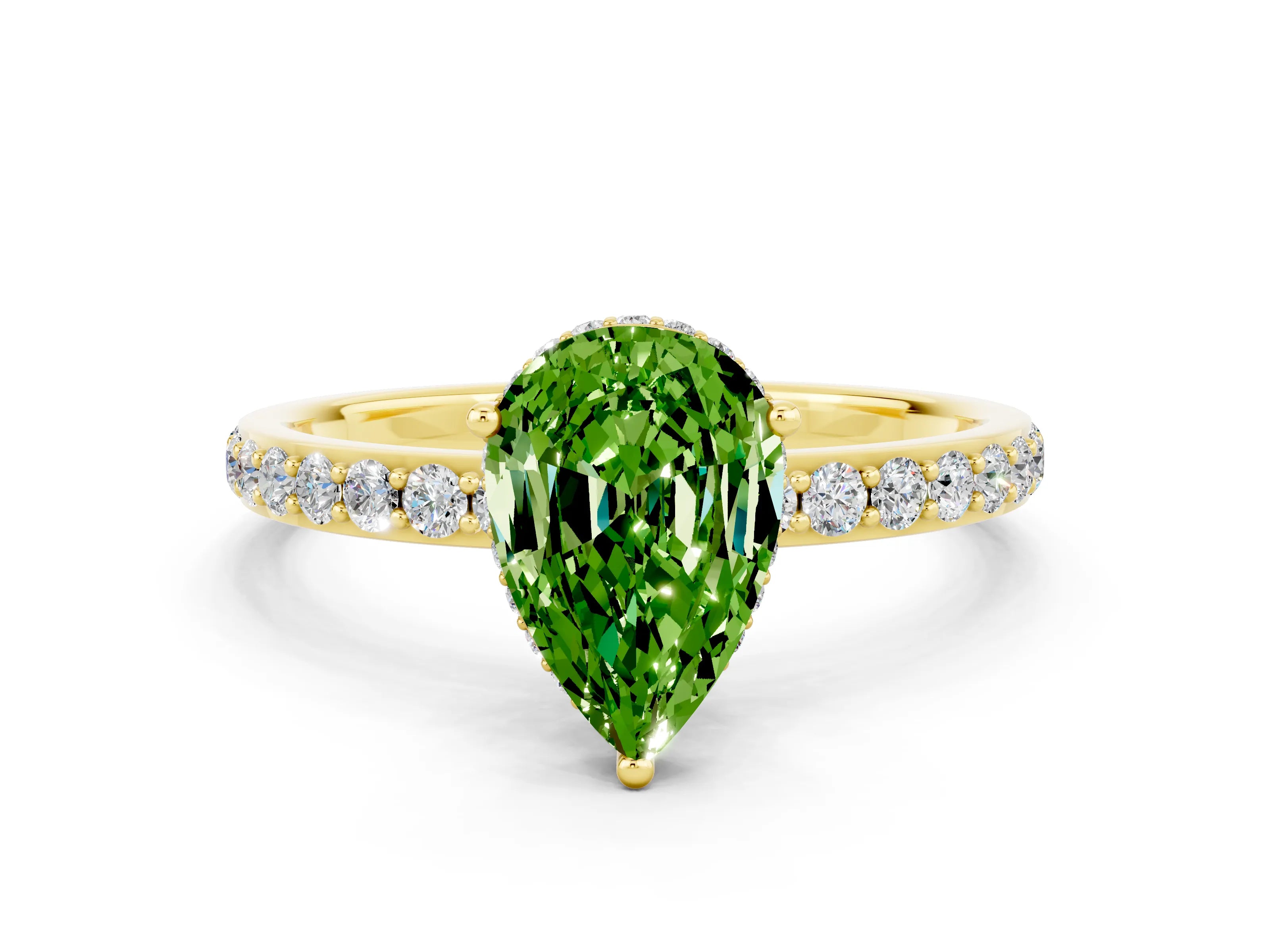 Yellow gold Pear Cut Peridot Solitaire Ring with Pavé Band and Hidden Halo_12