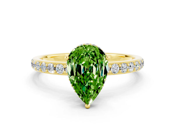 Yellow gold Pear Cut Peridot Solitaire Ring with Pavé Band and Hidden Halo