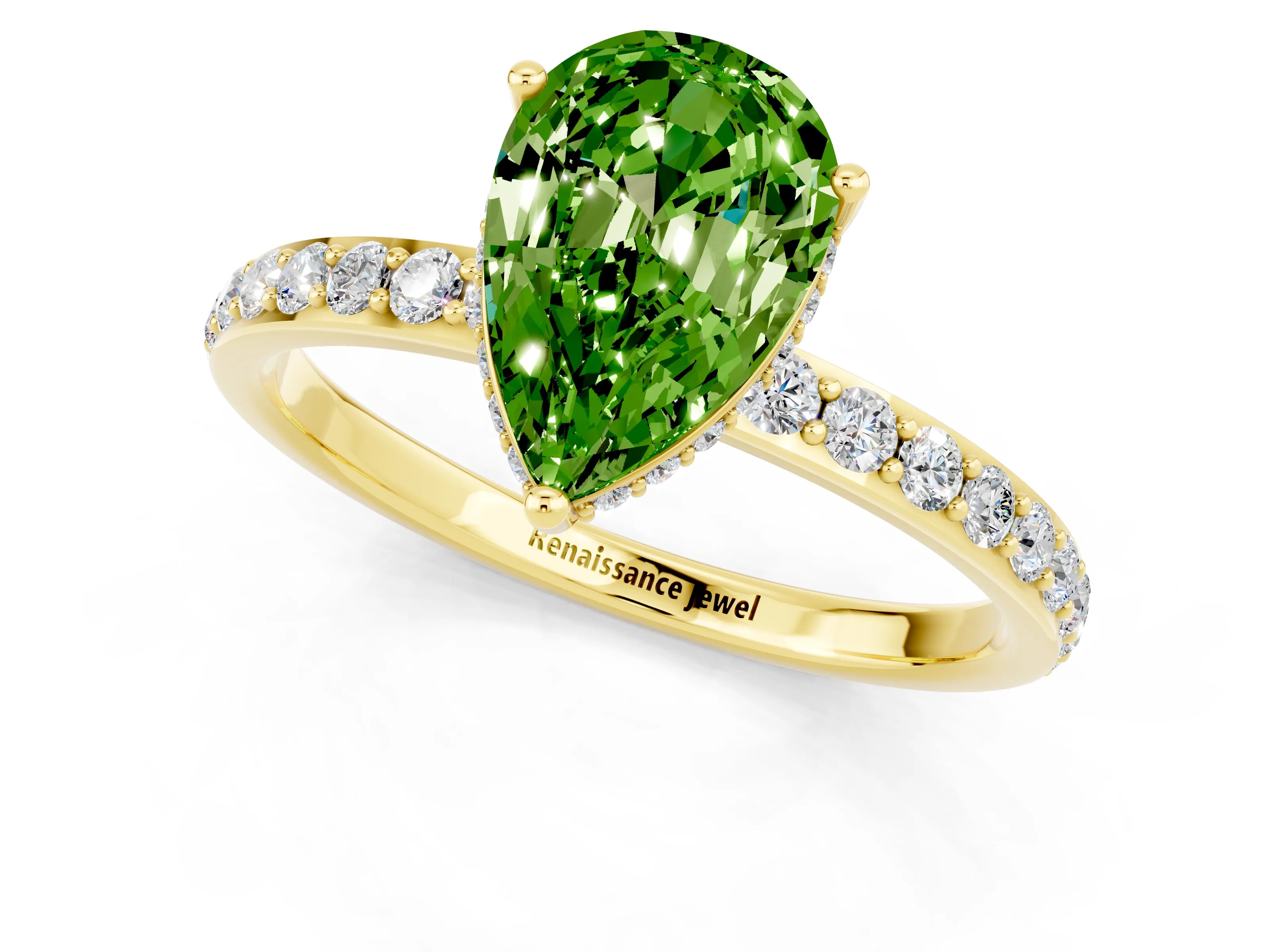 Yellow gold Pear Cut Peridot Solitaire Ring with Pavé Band and Hidden Halo_13