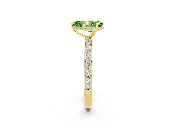 Yellow gold Pear Cut Peridot Solitaire Ring with Pavé Band and Hidden Halo