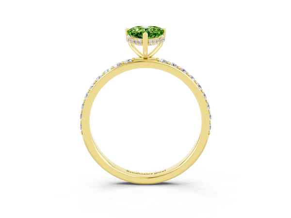 Yellow gold Pear Cut Peridot Solitaire Ring with Pavé Band and Hidden Halo