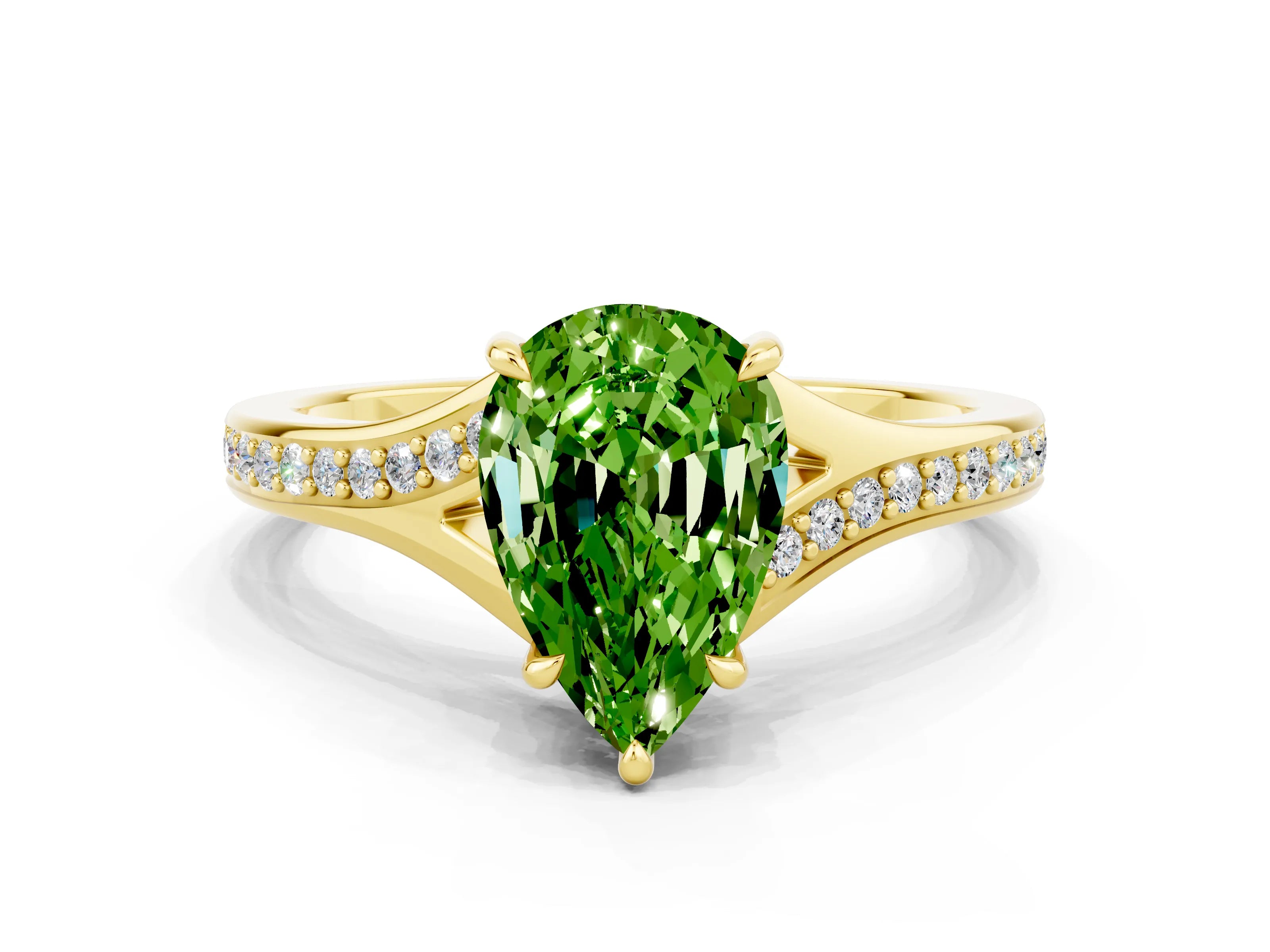 Yellow gold Pear Cut Peridot Solitaire Ring with Pavé Band and Prong Setting