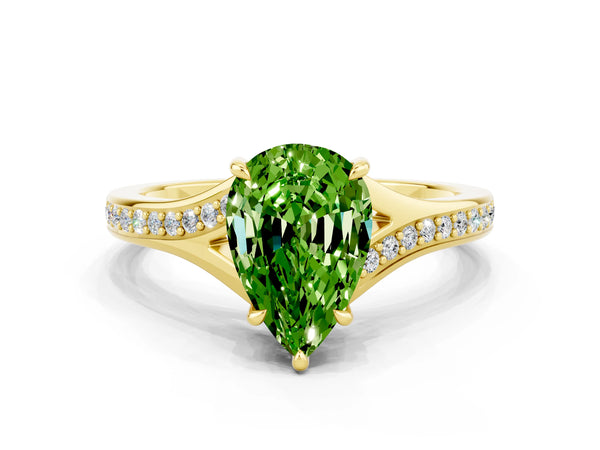 Yellow gold Pear Cut Peridot Solitaire Ring with Pavé Band and Prong Setting
