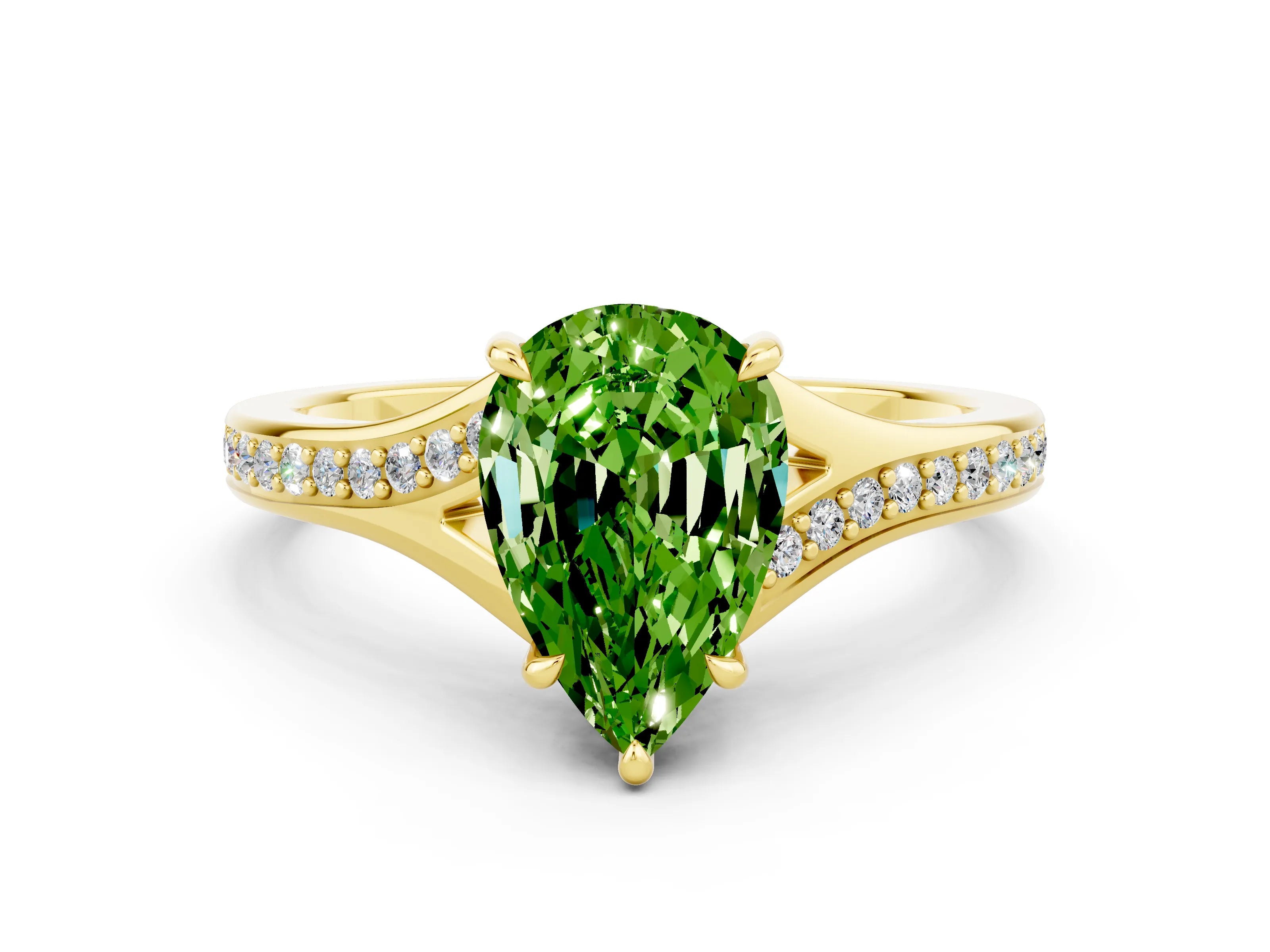 Yellow gold Pear Cut Peridot Solitaire Ring with Pavé Band and Prong Setting_12