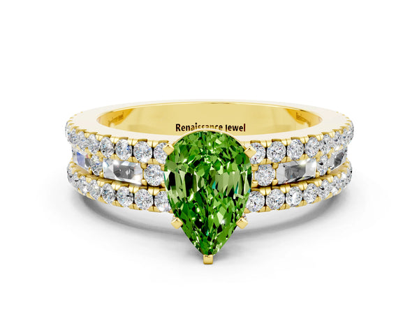 Yellow gold Pear Cut Peridot Solitaire Ring with Pavé and Channel Set Band