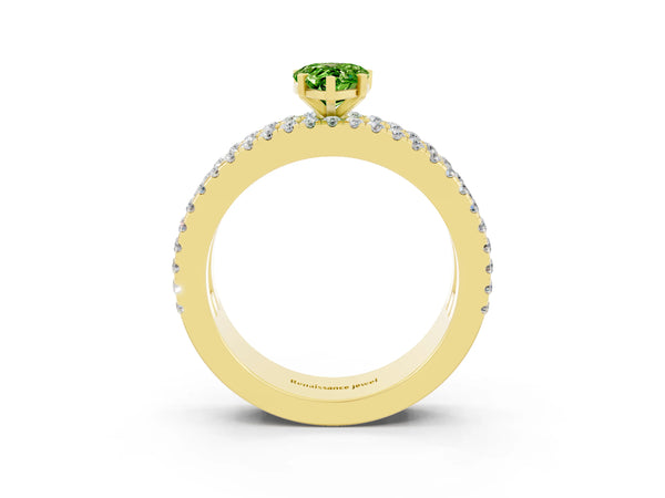 Yellow gold Pear Cut Peridot Solitaire Ring with Pavé and Channel Set Band