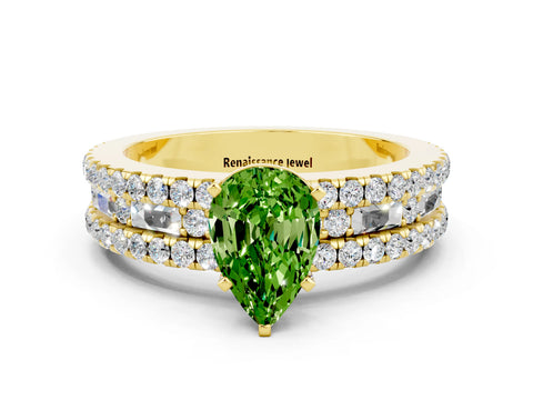 Yellow gold Pear Cut Peridot Solitaire Ring with Pavé and Channel Set Band