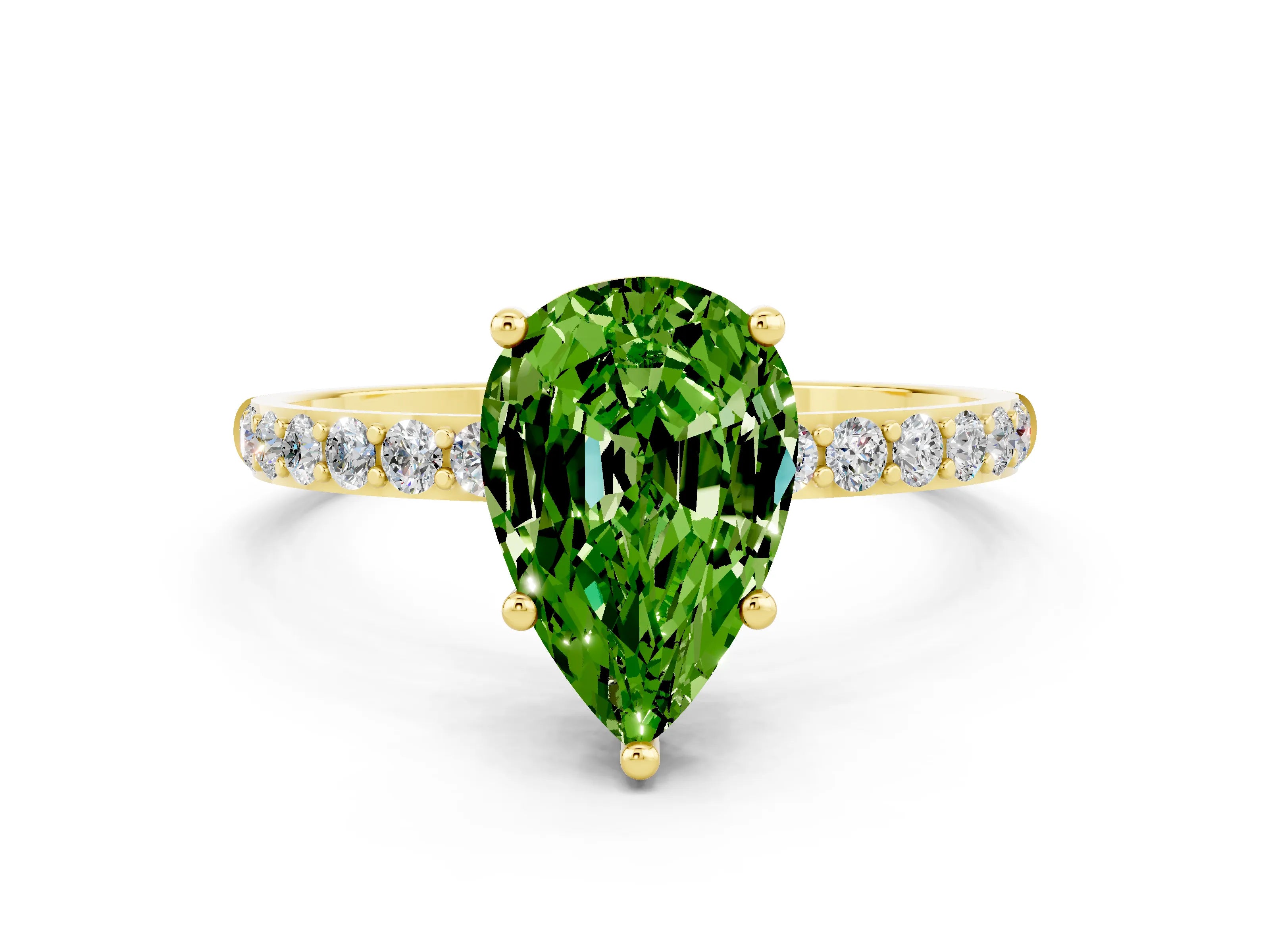 Yellow gold Pear Cut Peridot Solitaire Ring with Pave Band and Four Prong Setting_12