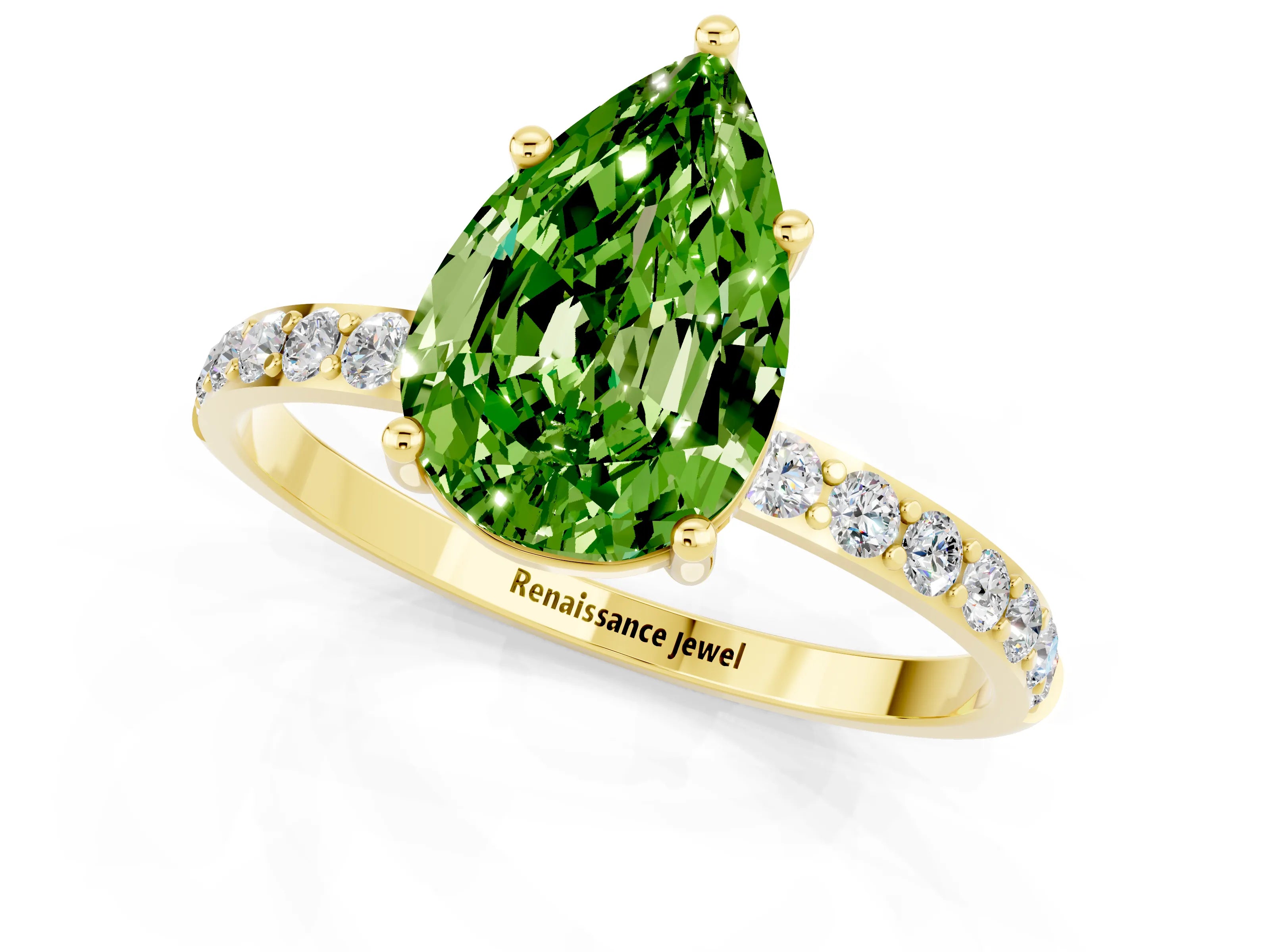Yellow gold Pear Cut Peridot Solitaire Ring with Pave Band and Four Prong Setting_13
