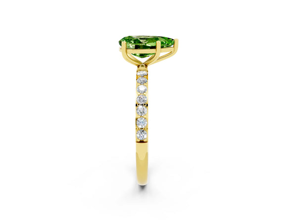 Yellow gold Pear Cut Peridot Solitaire Ring with Round  Pavé Band and Prong Setting