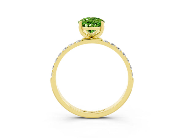 Yellow gold Pear Cut Peridot Solitaire Ring with Round  Pavé Band and Prong Setting