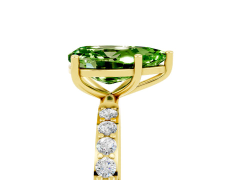 Yellow gold Pear Cut Peridot Solitaire Ring with Pave Band and Four Prong Setting_17