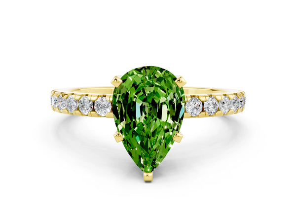 Yellow gold Pear Cut Peridot Solitaire Ring with Round  Pavé Band and Four-Prong Setting