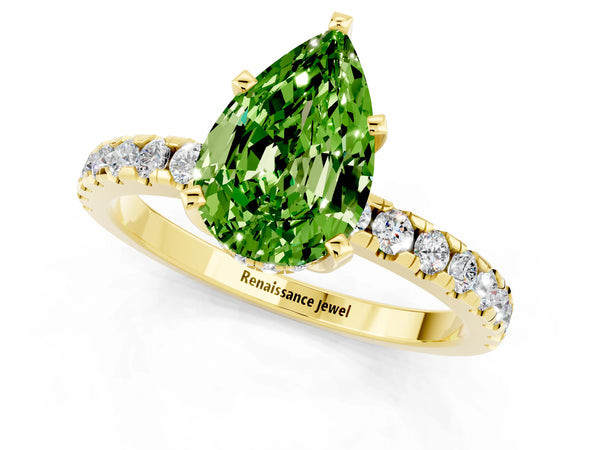 Yellow gold Pear Cut Peridot Solitaire Ring with Round  Pavé Band and Four-Prong Setting