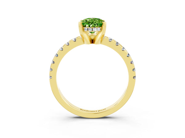 Yellow gold Pear Cut Peridot Solitaire Ring with Round  Pavé Band and Four-Prong Setting